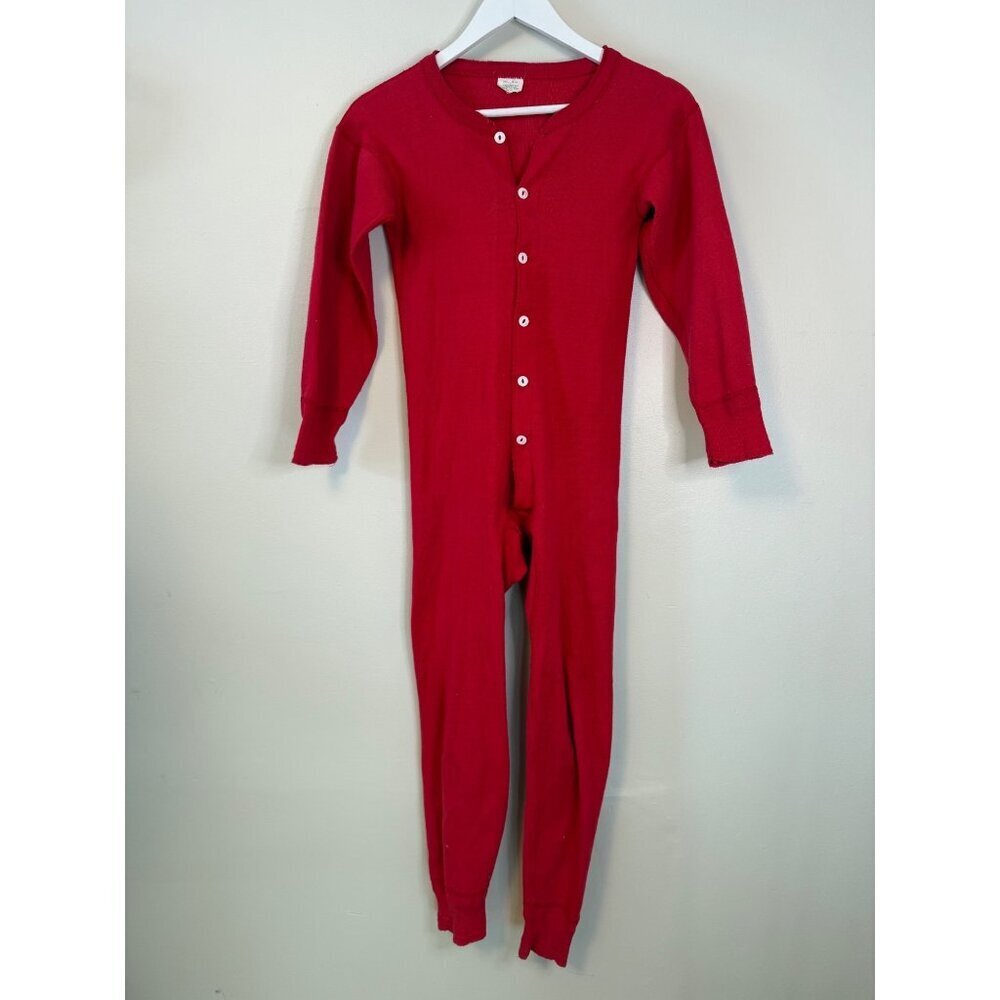 Union Suit Pajamas Long Johns Button Front Back Flap Womens Small 34-36 Granny